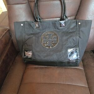 Tory Burch Black Nylon Tote with Patent Trim